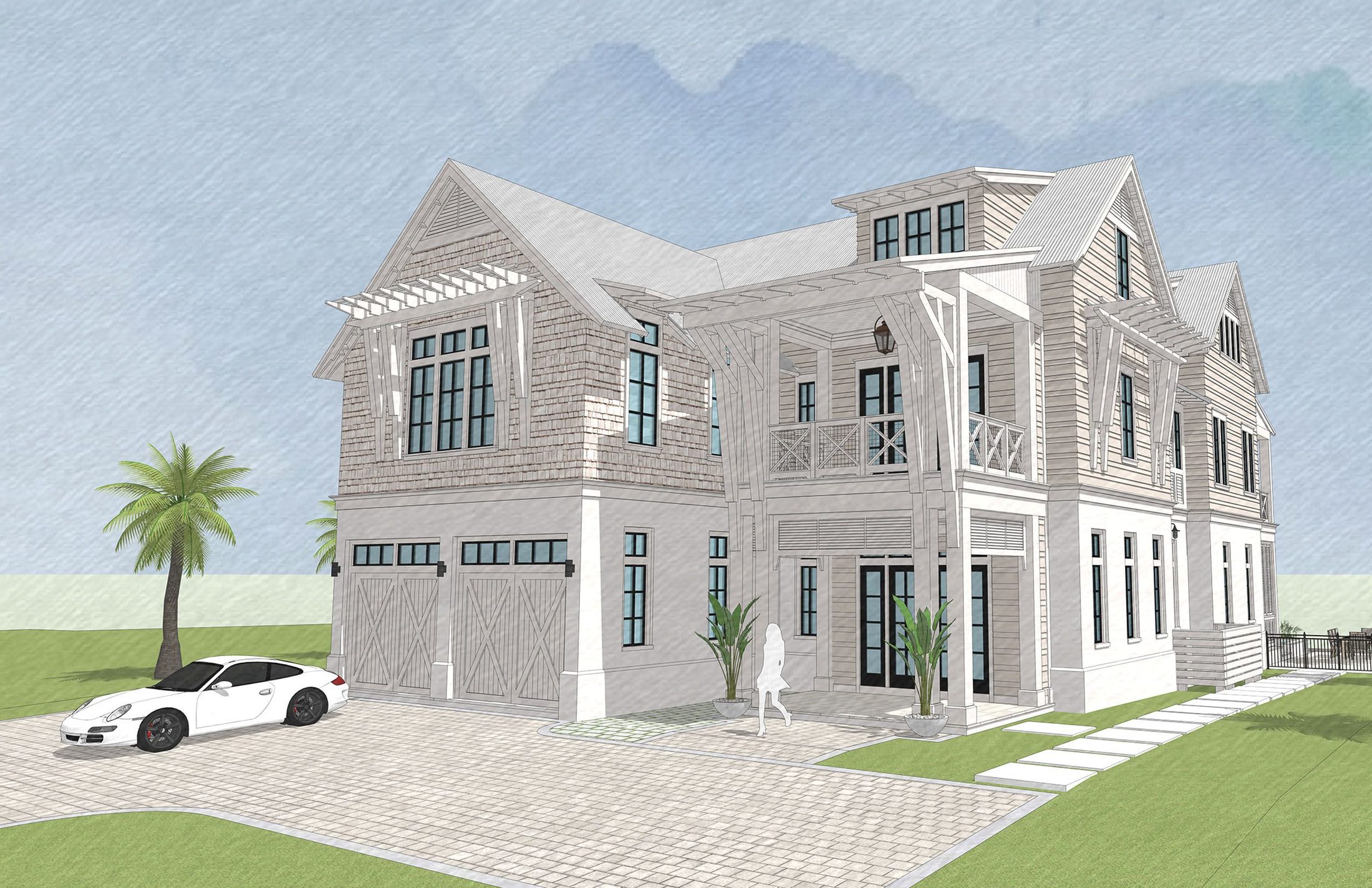 Street approach and garage