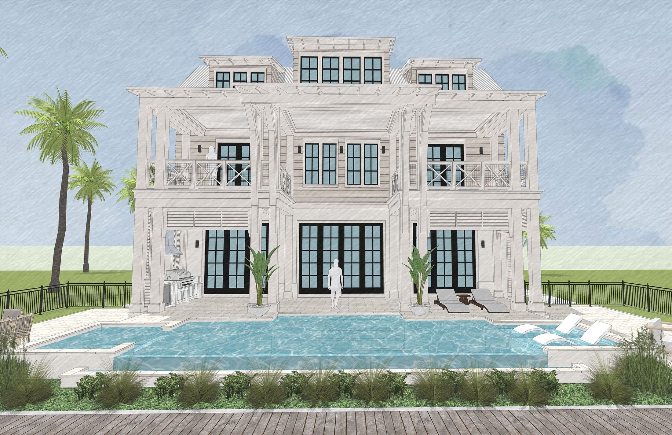 Canal elevation with pool and double porches