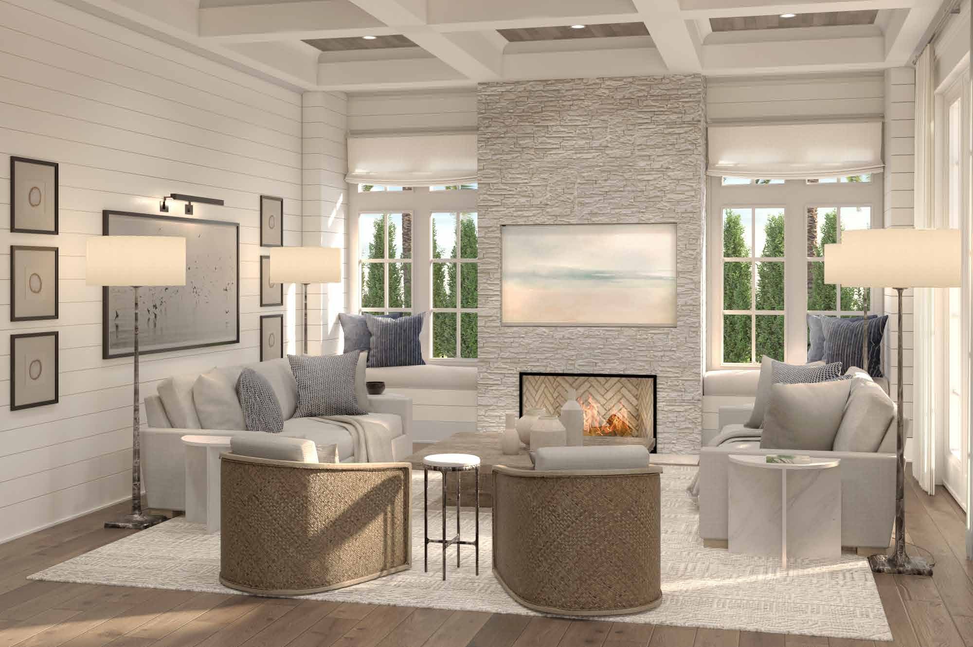 Family room with stone fireplace and coffered ceiling